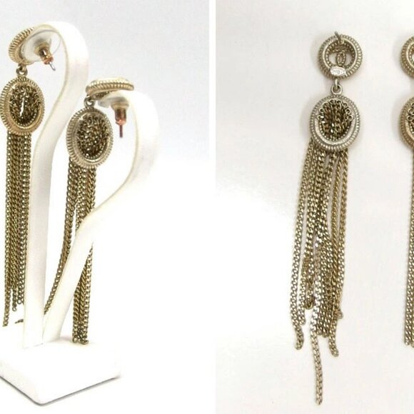 CHANEL CC Logos Hoop Fringe Stud Earrings Gold Tone D17V Auth D-1ch01 - Picture 1 of 10